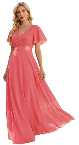Ever-Pretty Women's Double V-Neck Short Flutter Sleeves Empire Waist Elegant Chiffon Long Plus Size Evening Dresses Coral 28UK