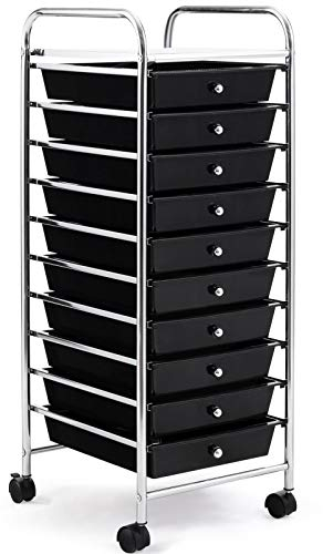 COSTWAY Rollwagen mit Schubladen Rollcontainer Badrollwagen Badtrolley Badregal Beistellwagen mit 10 stapelbaren Schubladen Metallgestell (Schwarz)