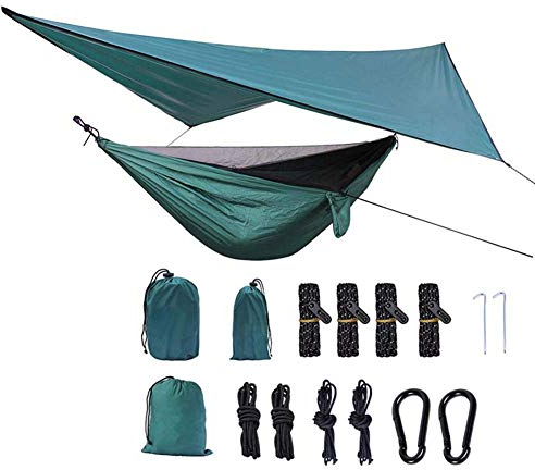 Ruixf 270cm X 140cm Camping Hängematte Outdoor mit Moskitonetz und 360cm X 290cm Wasserdicht Plane, Ultra-Light Atmungsaktiv 300 kg Tragfähigkeit, Winddicht, Regendicht und UV-beständig, Grün