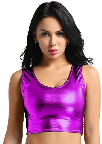 Freebily Canotta Donna Eleganti da Sera Crop Cuoio Top Ragazza Estate Canottiera Donna Palestra Wetlook Top Discoteca Corto Girocollo Viola Taglia Unica