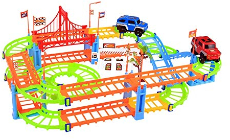 FeiWen Auto Rennstrecken DIY Elektrisches Rennenbahn Spielzeug Zusammenbauen 73Pcs Kit Spielzeugauto für Kinder ab 4 Jahren