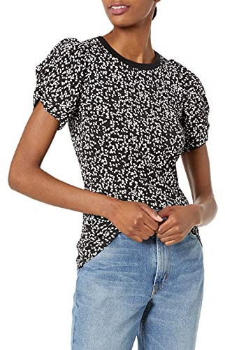Amazon Essentials Women's Regular-Fit Twist Sleeve Crewneck T-Shirt, Black White Abstract Animal, L