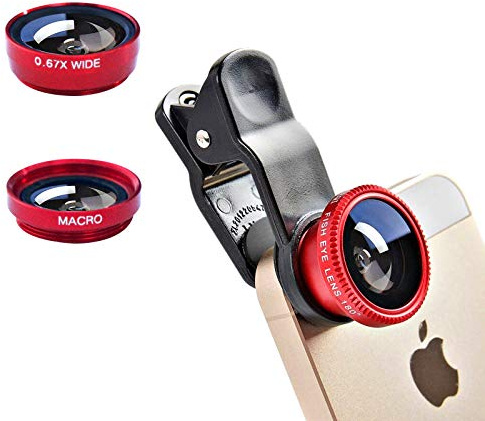 Kit d'objectifs 3 en 1 pour Appareil Photo de téléphone Portable Grand Angle Macro fisheye Universel (Rouge)