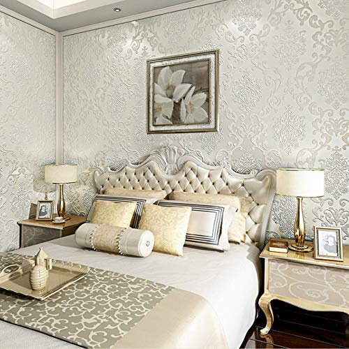 MEAIHOME European Style 3D Damask Pearl Powder Non-Woven Wall Paper Roll for Living Room Bedroom Hotel Bar Wallpaper Cream-White Non-Pasted 1.73' W x 32.8' L