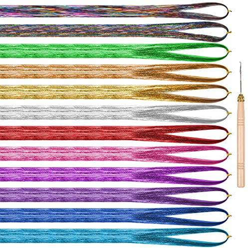 AvoDovA Haar Lametta, 12 Farben Glitzer Strähnen Haare, Farbiger Haarverlängerungs Extensions, Haarteile Colored, Multi-Farben Haarsträhnen, Synthetic Hair Extensions, Glitzer Haarteile mit Kit Hooks
