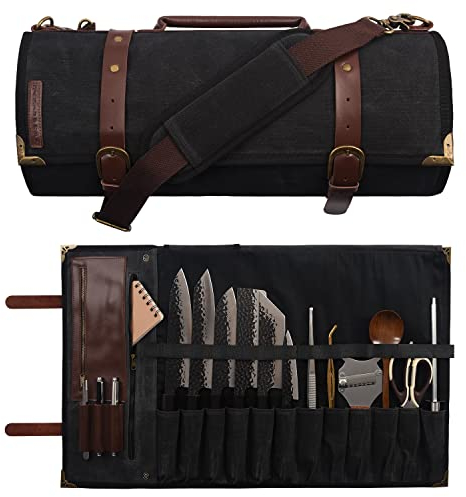 Manjushri Elegant Lightweight Oilcloth and Genuine Leather Chef's Knife Case with 12 Slots and 4 Zipped Pockets, Brown, 17'Width x 27'Length, Chef's Knife