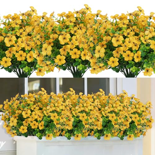 SOMYTING Künstliche Azaleen-Blumen, für den Außenbereich, 8 Bündel, künstliche Blumen, Kunstplastik, Eukalyptuspflanzen, UV-beständig, Seidenblumensträucher für Garten, Veranda, Fenster, hängende