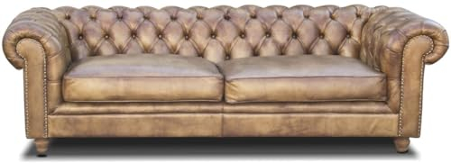 Casa Padrino Luxus Chesterfield Leder Sofa Vintage Hellbraun 240 x 100 x H. 80 cm - Echtleder Wohnzimmer Sofa - Wohnzimmer Möbel - Chesterfield Möbel - Luxus Möbel - Luxus Wohnzimmer Einrichtung
