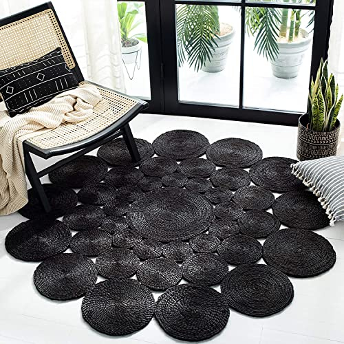 Vipanth Exports Juteteppich, natürlich, handgeflochten, Kreis-Design, runder Teppich für Wohnzimmer (schwarz, 90 x 90 cm rund)