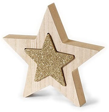 Inge-glas Holzstern 2in1 Aufsteller 10cm + 15cm massiv Weihnachtsdeko Fensterdeko Deko Weihnachten Natur Gold