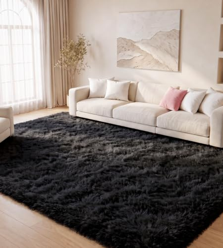 MARATIP Teppich Wohnzimmer Schwarz 120x160 cm Flauschig Weich | Hochflor-Teppich, waschbar, rutschfest, kuschelig. Ideal für Schlafzimmer, Arbeitszimmer und Kinderzimmer.