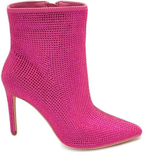 Scarpa Tronchetto Mezzo Stivaletto Donna a Punta Fucsia con Tacco 12 luccicante con Strass Zip Elegante (40 EU)