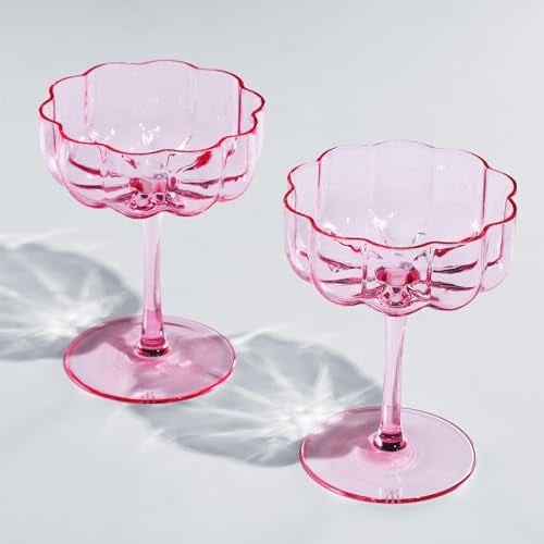 Khen Lot de 2 coupes en verre vintage ondulées avec pétales ondulés 200 ml – Verres à champagne et ondulés pour prosecco, martini, mimosa, cocktail - Droit d'auteur et brevet en attente de brevet