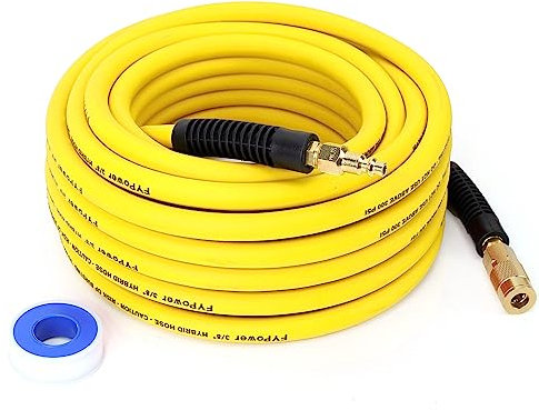 FYPower Air Compressor Hose 3/8 Inch x 50 Feet Hybrid Hose with Fittings, Flexible and Kink Resistant, 1/4 Industrial Quick Coupler and Plug Kit, Yellow
