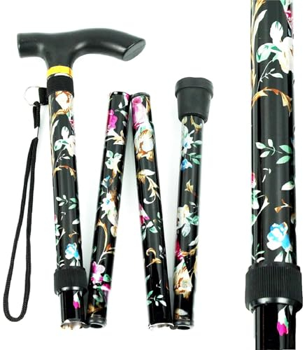 Ajustable Bastón Ligero Portátil Bastón,Caña de Caminar, Bastón Aluminio 4 Secciones Palos Plegables Palo De Aluminio Extensible,para Caminar Practicar Senderismo Viajar(Estampado Negro)