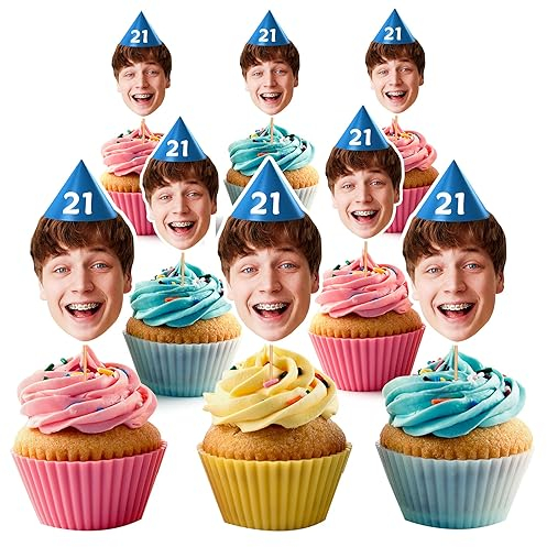 Personalised Photo Face Faces Cupcake Toppers Custom Cake Topper 21st Birthday Party Decorations 18th 25st 30th Officially 21 HBD21