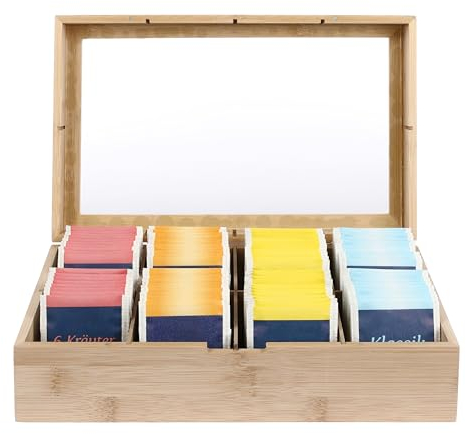 Van Henry Bamboo Wooden Tea Box with 8 Compartments and Viewing Window – Ideal for Tea Bags, Tea, Coffee, Spices or as Gift Packaging