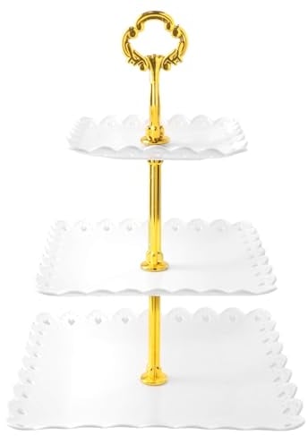 Cozlly Soporte para Tartas 3 Pisos, Bandeja para Tartas Blanca, Postre Soporte de Plástico, Expositor Soporte Plato de Frutos Reutilizable, para Tartas, Frutas, Postres, Bodas, Fiestas