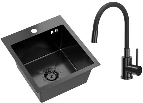 VBChome Edelstahlspüle mit Armatur 40 x 45 cm Schwarz Edelstahl Einbauspüle mit Hahnloch Küchenspüle Spüle Groß Becken Ablaufgarnitur Siphon Edelstahlspüle Schwarz PVD Armatur mit Flexiblem Auslauf