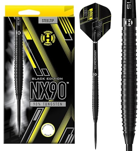 Harrows NX90 Black Edition Darts-Set mit 90% Wolframstahlspitze, 21 g, 22 g, 23 g, 24 g, 25 g und 26 g – inklusive schwarzen Supergrip-Midi-Schäften und Micron-NX90-Flights (21 Grams)