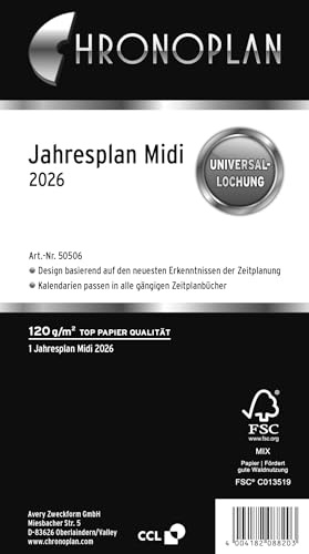 Chronoplan 50506 Kalendereinlage 2026 (Jahresplan Midi (96x172mm) Ersatzkalendarium für Terminplaner, für übersichtliche Jahresplanung, 1 Monat auf 1 Seite zum Aufklappen mit Leporello-Falzung) weiß
