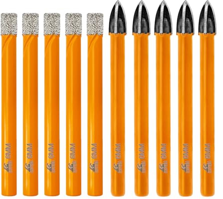 EXFEIN Punte diamantate – Kit di punte da trapano per piastrelle, 6 mm, 5 pezzi e punte da trapano in carburo da 6 mm, 5 pezzi, per forare ceramica, porcellana, piastrelle, marmo, granito muratura
