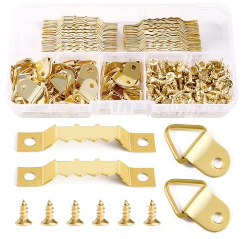 YIXISI 100 Pezzi Ganci Cornici Quadri Set, Ganci a Dente di Sega, Triangolo Anello Gancio, Ganci Appendi Quadri, con 150 Pezzi Viti, per Foto Pitture, Decorazione Della Casa, Dorato