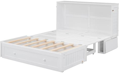 Schrankbett für Doppelbett, 135 x 190 cm, Haushaltsbett, Multifunktionsbett, faltbare Regale, mit Schublade, Weiß