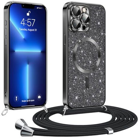 Phoona handyband Hülle für iPhone 13 Pro mit Band, Glitzer Handyhülle Kompatibel mit MagSafe, Ganzkörperschutz Kratzfeste Stossfest Schutzhülle mit Einstellbar Kette, Schwarz