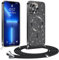Phoona handyband Hülle für iPhone 13 Pro mit Band, Glitzer Handyhülle Kompatibel mit MagSafe, Ganzkörperschutz Kratzfeste Stossfest Schutzhülle mit Einstellbar Kette, Schwarz