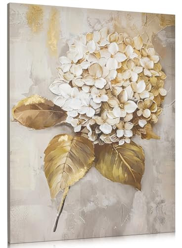 Hollyone Cuadros de lienzo de flores grandes 75 x 100 cm pintura al óleo flores arte de pared pintura sala de estar modernos murales dormitorio pintado a mano pintura oro hortensia lienzo para hotel
