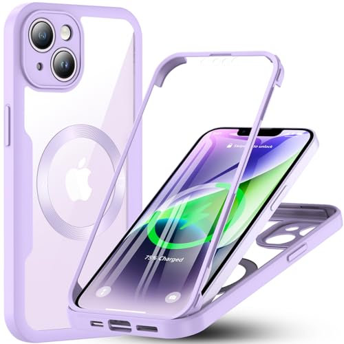 Für iPhone 14 Hülle Kompatibel mit MagSafe, 360 Grad Handyhülle iPhone 14 Eingebaut Schutzfolie Magnetisch Stoßfest Case für iPhone 14 6,1 Zoll Schutzhülle Magnet Cover mit Displayschutz (Violett)
