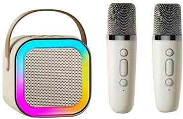 Adult and Kids Karaoke Machines, Mini Portable Bluetooth Speaker with 2 Wireless Microphone, Karaoke Microphones Wireless Family KTV Set, Portable Bluetooth Speaker with LED Lights (White)
