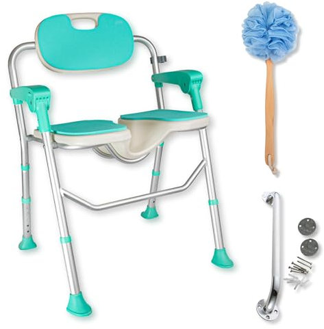 Medroad Shower Chair with Arms and Backrest – 350lbs Heavy-Duty Shower Chair for Elderly and Disabled – Lightweight Foldable Shower Chair – Adjustable U-Shaped Bath Seat with 16-inch Grab Bar