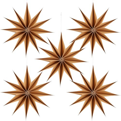 BestoFun 5 Stück Papiersterne Weihnachten 30cm Braun 12 Zacken Papiersterne Faltsterne mit Klettverschluss Aufhängen Natürliche Weihnachten Dekoration für Tischdeko Weihnachten Zimmer Hochzeit