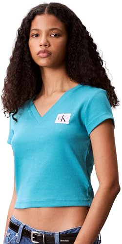 Calvin Klein Damen T-Shirt Kurzarm Woven Label Rib Tee mit V-Ausschnitt
