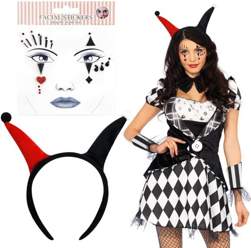 2Pcs Clown Kostüm Accessoire-Clown Stirnband-Clown Gesichtstattoo,Face Tattoo Harlekin,Narren Stirnband,Clown Karneval Kostüm Lustige Requisiten,Karneval Cosplay Zubehör Für Erwachsene Kinder