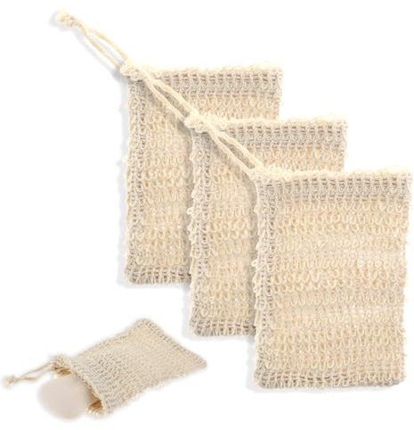 ZEYIYER Lot de 3 sacs à savon en sisal naturel, pochette en maille pour barres de savon, filet de savon exfoliant pour récurer moussant la douche