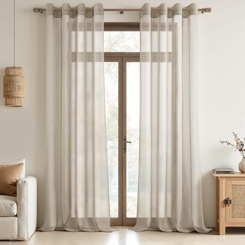MRTREES Gardinen Beige Transparent 250X140 cm (HxB) Voile ösen Stores Gardinen Beige für Wohnzimmer Moderne Vorhänge Halbtransparent für Schlafzimmer und Kinderzimmer 2er Set