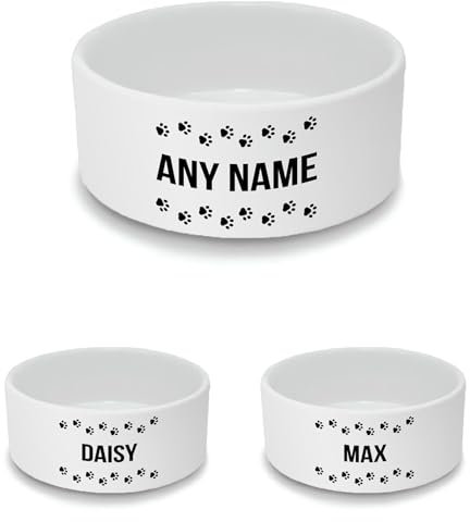 Personalised Ceramic Pet Bowl - Small White Pet Food Dish with Pawprint Tracks Design - Custom Name Pet Bowl 18cm Wide x 7cm Deep - Ideal For Cats, Small Dogs, Rabbits