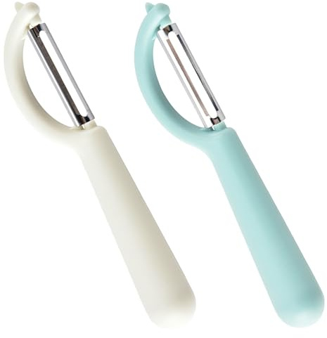 peiqiup Sparschäler (2 Stück), Sparschäler Edelstahl, Mehr mit leicht zu greifenden Griffen, Für Kartoffeln, Karotten,Gemüse und Obst, 16,5 × 3,5 cm, Weiß & Blau