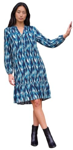 Roman Petite Ikat Print Tiered Hem Dress for Women UK - Ladies Everyday Autumn Winter V-Neckline Comfy Soft Evening Vacation Work Party Night Out