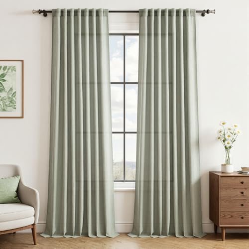 CUTEWIND Gardinen Grün Leinenoptik Halbtransparent 2er Set Vorhang Wohnzimmer Modern H 240 x B 140 cm, Vorhänge Salbeigrün Leinen Schlafzimmer Curtains Living Room, mit verdeckten Schlaufen
