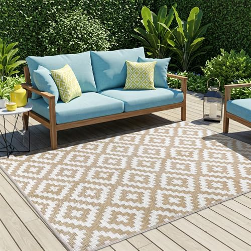 TAPISO Ibiza Teppich Outdoor Zweiseitig Wendbar Wasserdicht Resistent Quadrate Kariert Weiß Beige Picknick Strand Garten ÖKO-TEX 150 x 240 cm