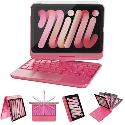 RAYMCRAFT Custodia con tastiera per iPad mini 7 (A17 Pro) e Mini 6 | Tastiera wireless retroilluminata a 7 colori, multi-touch, per iPad mini 7a/6a generazione da 8,3, rosa acceso