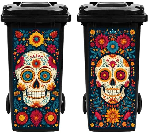 TNKBREEZE 2Pcs Skull Flower Decorative Trash Can Stickers 82x38cm Dia De Los Muertos Dustbin Decals Wheelie Bin Stickers for Trash Cans Bins Driveway Garden Outdoor Indoor Decoration
