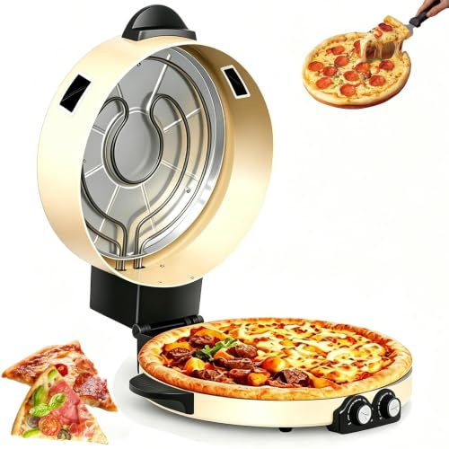 Forno Elettrico per Pizza, Pizzaiolo da appoggio a 360° | Temperatura e timer regolabili da 50-220°C, con pietra refrattaria da 15,7 e piastra di cottura antiaderente