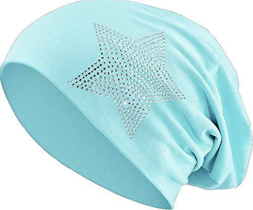 Jersey Baumwolle elastisches Long Slouch Beanie Unisex Herren Damen mit Strass Stern Steinen Mütze Heather in 35 (2) (Light Blue)
