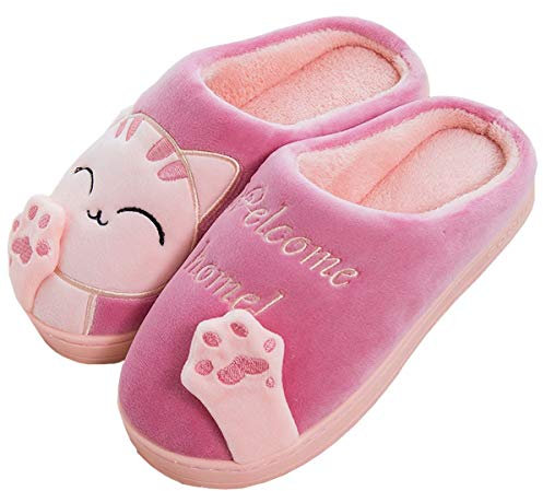 Rojeam Dames Filles Mignon Chat Animal Pantoufles de Caractère Slip sur Nouveauté Peluche Chaud Pantoufles De Noël,Rose,39/40 EU(Taille Fabricant 40/41)