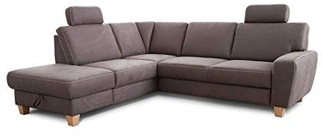 Cavadore Ecksofa Wisconsin mit Bettfunktion / Schlafsofa mit Federkern in Lederoptik / Inkl. 2 Kopfstützen + Stauraum / Landhausstil / Holzfüße in Buche / Mikrofaser / 248 x 88 x 215 cm / Grau